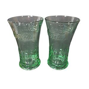 2x Coca Cola Green Soda Fountain Glass Large Heavy With Flared Rim